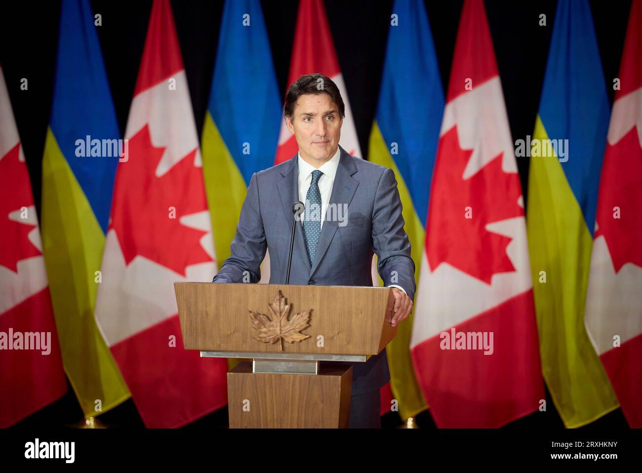 Ottawa, Canada. 22nd Sep, 2023. Canadian Prime Minister Justin Trudeau listens to a question during a joint press conference with Ukrainian President Volodymyr Zelenskyy on Parliament Hill, September 22, 2023 in Ottawa, Canada. Credit: Ukraine Presidency/Ukrainian Presidential Press Office/Alamy Live News Stock Photo