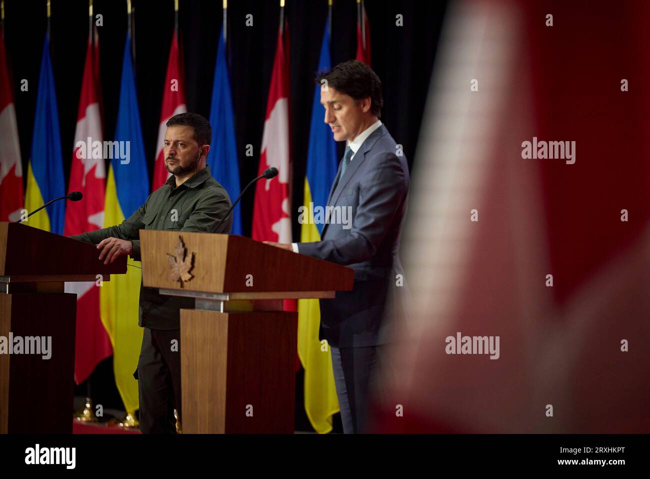 Ottawa, Canada. 22nd Sep, 2023. Ukrainian President Volodymyr Zelenskyy, left, listens to a question as Canadian Prime Minister Justin Trudeau responds during a joint press conference on Parliament Hill, September 22, 2023 in Ottawa, Canada. Credit: Ukraine Presidency/Ukrainian Presidential Press Office/Alamy Live News Stock Photo