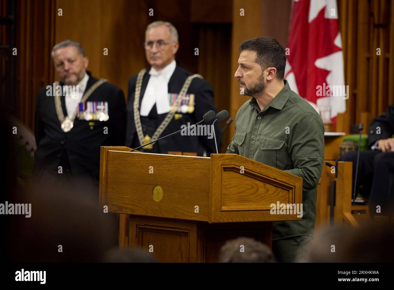 Ottawa, Canada. 22nd Sep, 2023. Ukrainian President Volodymyr Zelenskyy, delivers an address to the House of Commons on Parliament Hill, September 22, 2023 in Ottawa, Canada. Credit: Ukraine Presidency/Ukrainian Presidential Press Office/Alamy Live News Stock Photo