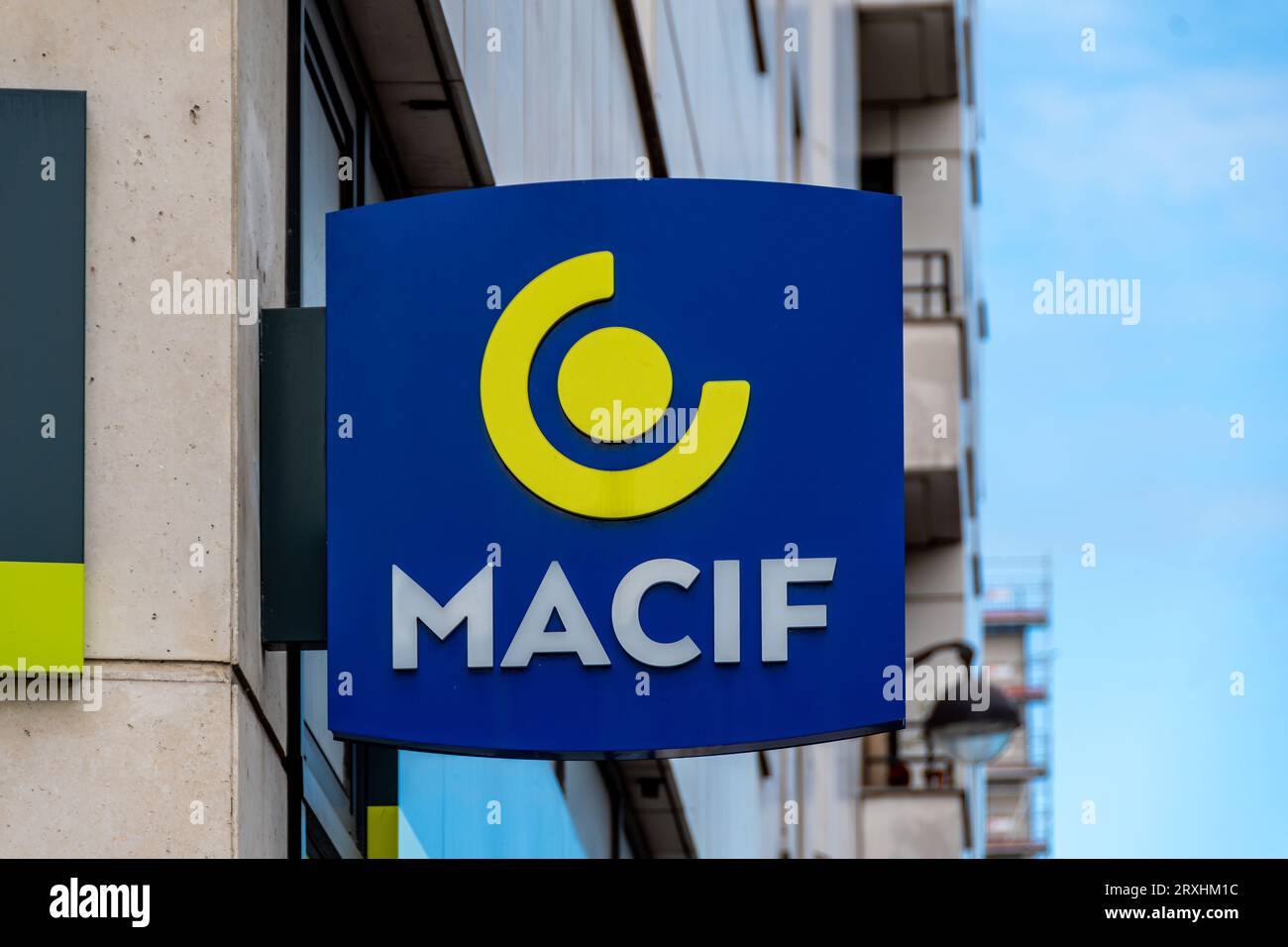 Sign and logo of a Macif agency. Macif is a French mutual insurance company headquartered in Niort, France Stock Photo