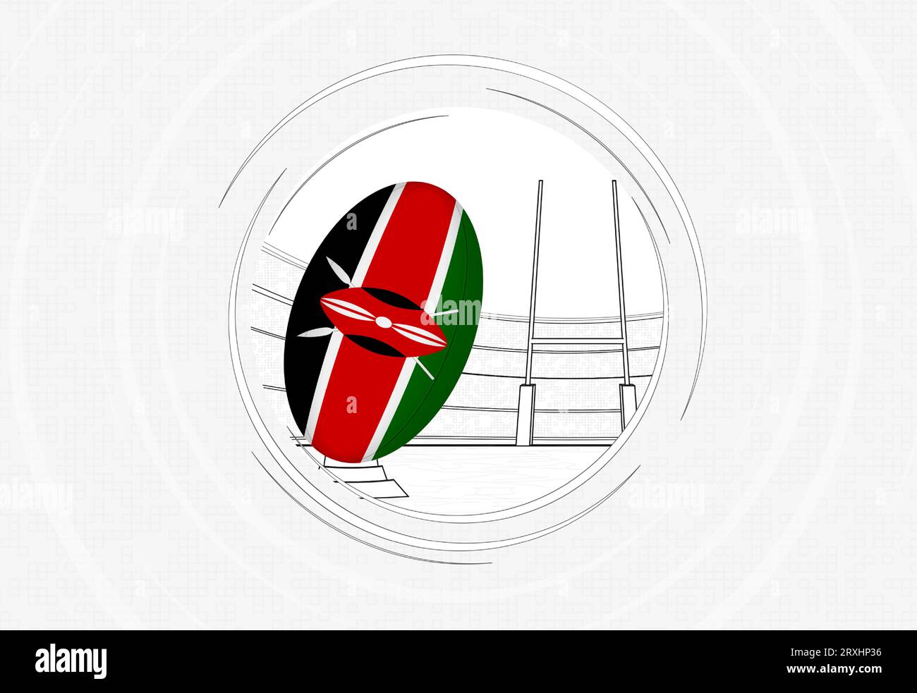 Kenya flag on rugby ball, lined circle rugby icon with ball in a crowded stadium. Vector sport
