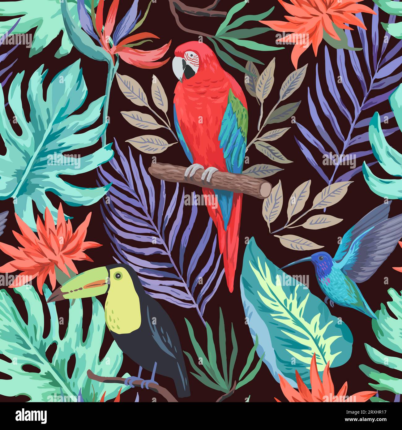 Colorful tropical seamless pattern with exotic birds and flowers. Vector illustration. Stock Vector