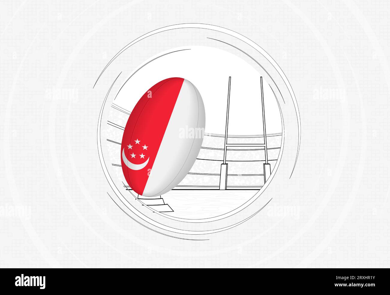 Singapore flag on rugby ball, lined circle rugby icon with ball in a crowded stadium. Vector