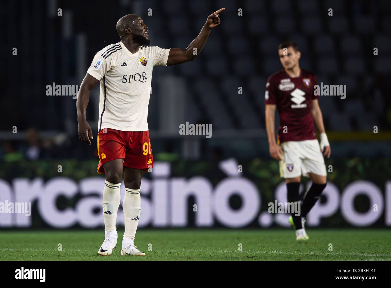 Torino, Italy. 24th Sep, 2023. Romelu Lukaku of As Roma celebrates after  scoring his team's first goal during the Serie A match beetween Torino Fc  and As Roma at Stadio Olimpico on