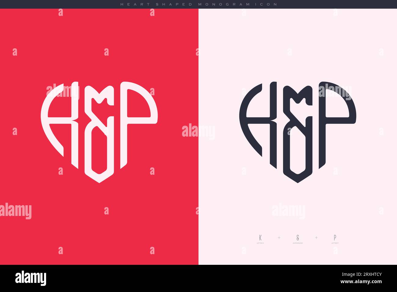 Initial KP letters with red heart and love logo flat icon monogram