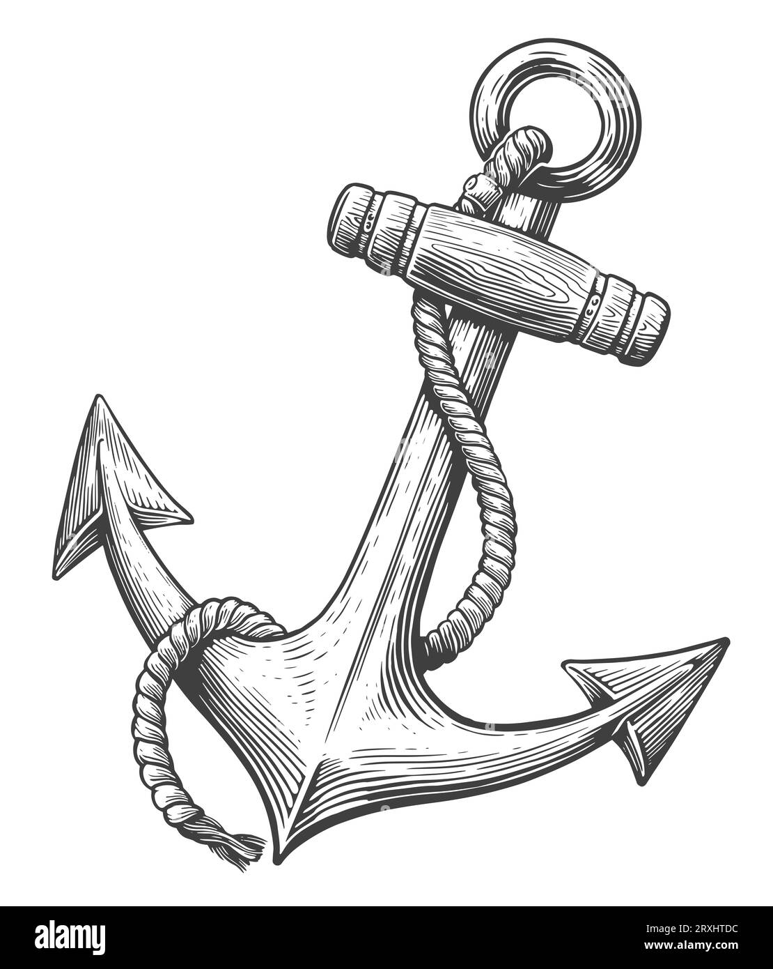 Ship anchor with rope. Sketch vintage illustration in engraving style Stock Photo