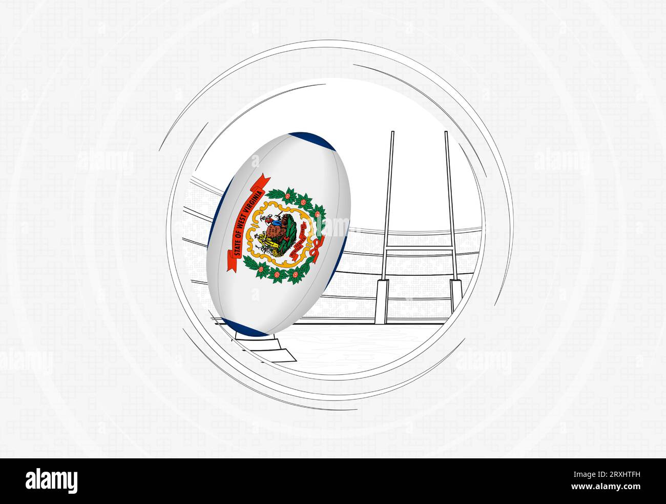 West Virginia flag on rugby ball, lined circle rugby icon with ball in ...