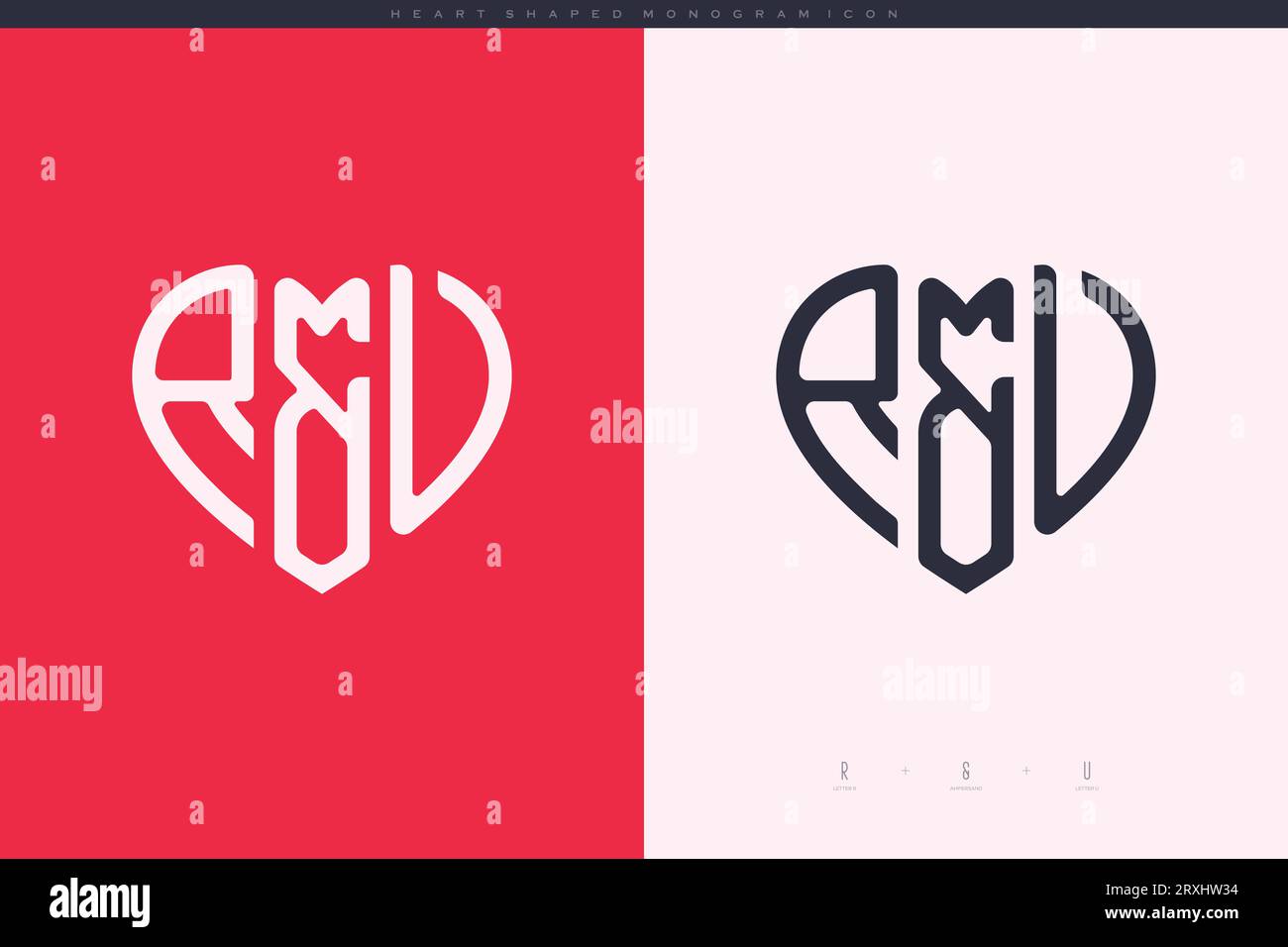 Initial RU letters with red heart and love logo flat icon monogram ...