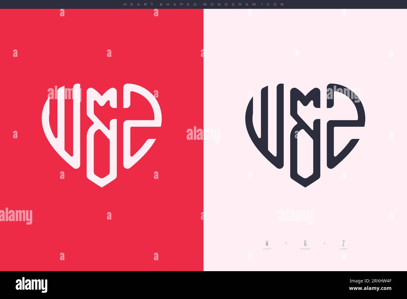Initial WZ letters with red heart and love logo flat icon monogram