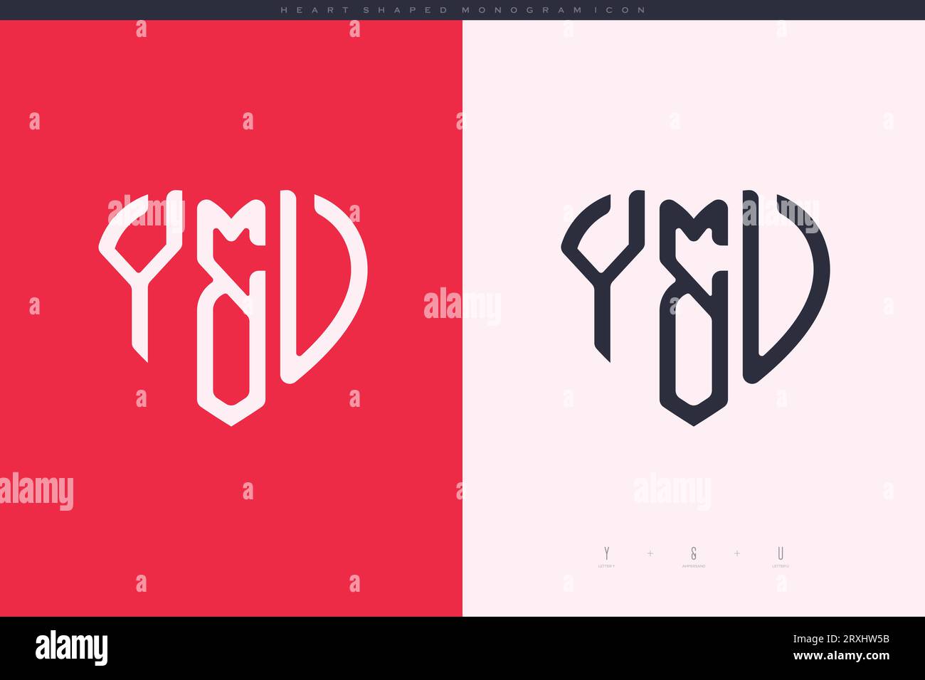 Initial YU letters with red heart and love logo flat icon monogram ...
