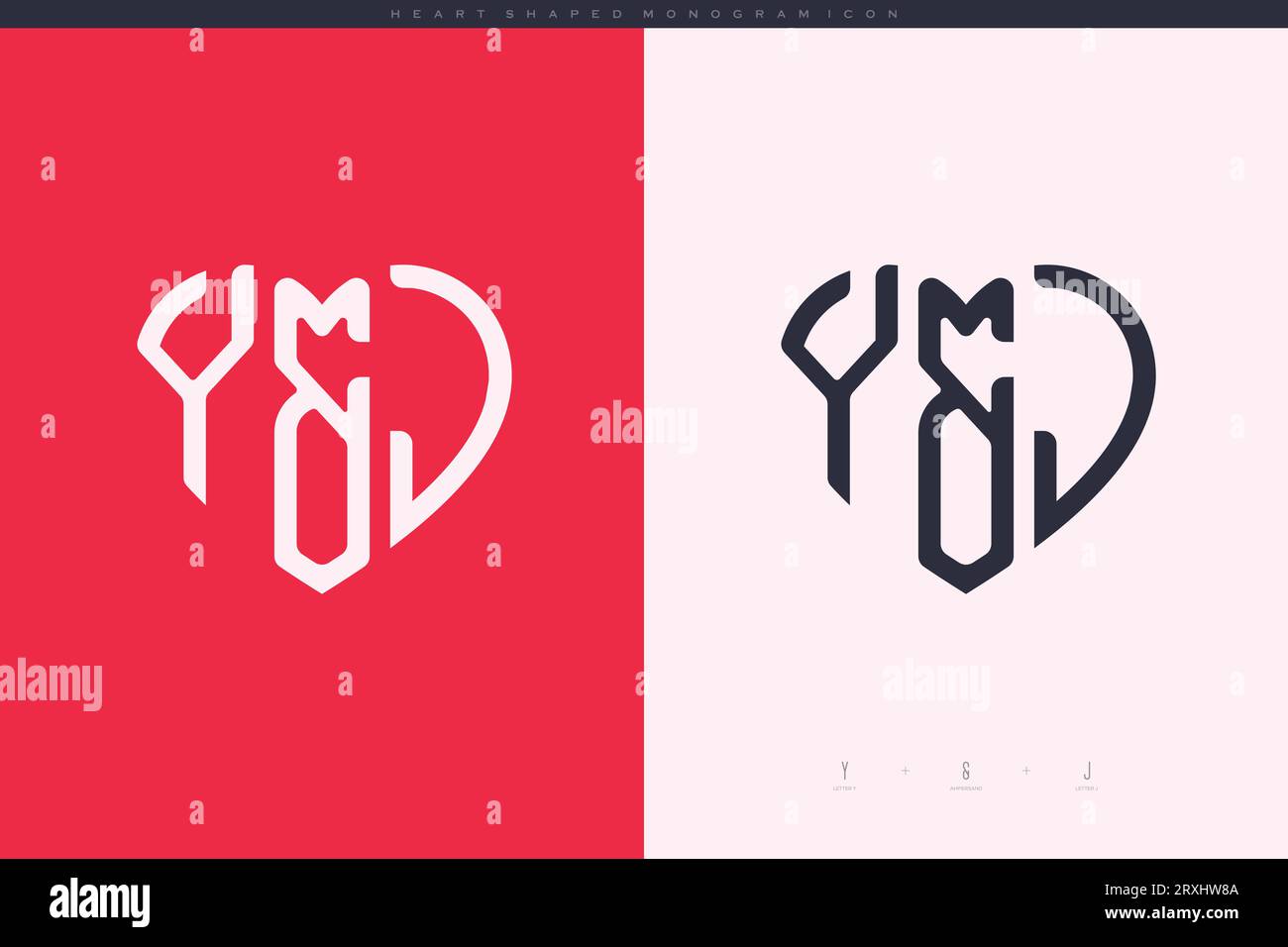 Initial YJ letters with red heart and love logo flat icon monogram concept Stock Vector