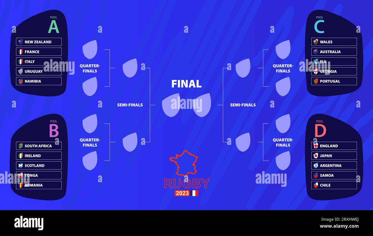 Rugby 203 playoff match schedule with national flags of international rugby tournament
