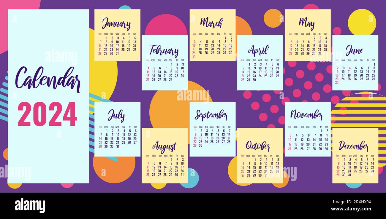 2024 calendar happy new year. Bright design of the 90s. Layout template