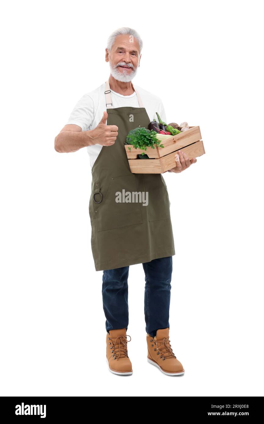 Harvesting season. Happy farmer holding wooden crate with vegetables ...