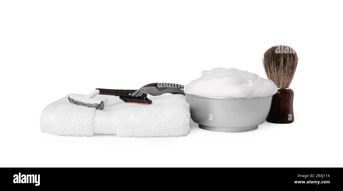 Styrofoam Razor Shaving brush, foam, razors and towel on white background Stock Photo ...