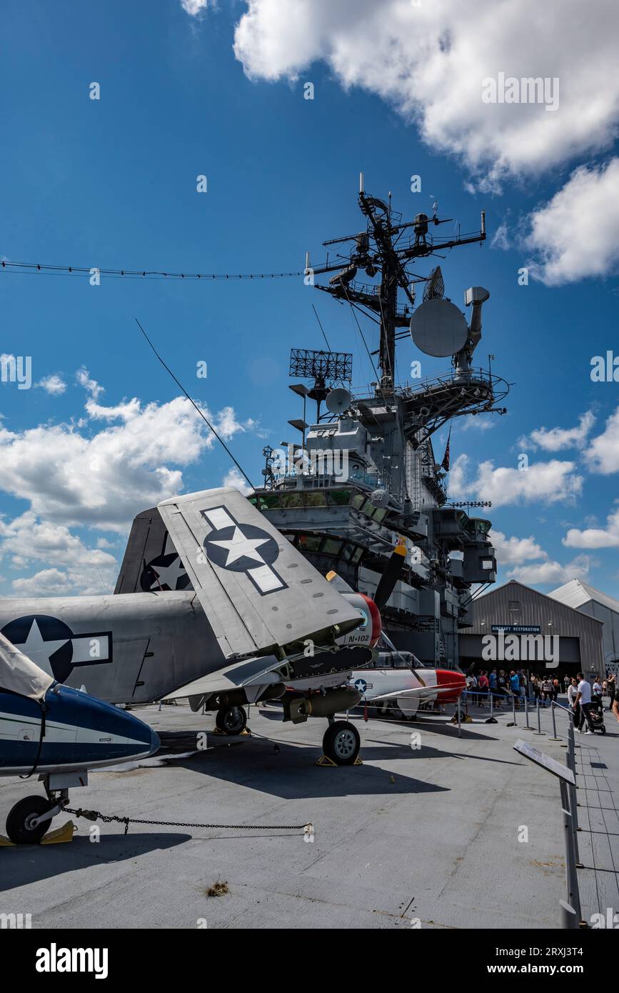 The Intrepid Sea, Air & Space Museum, flight deck with tourist sight seeing. Stock Photo