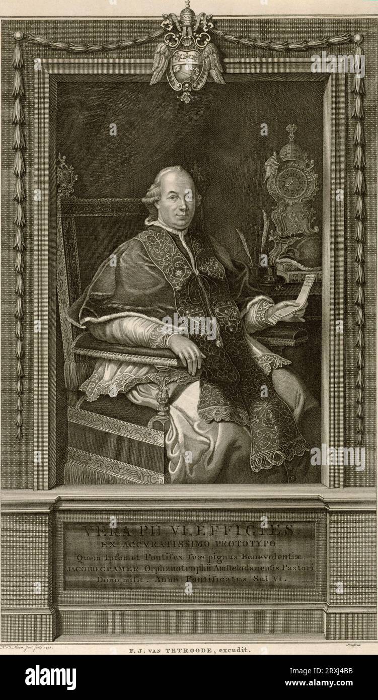 1792 , ROMA , ITALY :  The  Pope PIUS VI ( Papa PIO , 1717 - 1799 ), bor count Giovanni Angelo or Giannangelo BRASCHI .  Was the 250 th Pope of Catholic Church , elected the day 15 february 1775 . Son of count Marco Aurelio Tommaso Braschi e countess Anna Teresa Bandi . Pius VI condemned the French Revolution . French troops commanded by Napoleon Bonaparte defeated the papal army and occupied the Papal States in 1796 . In 1798, upon his refusal to renounce his temporal power, Pius was taken prisoner and transported to France . He died eighteen months later in Valence . Portrait by Noach van de Stock Photo