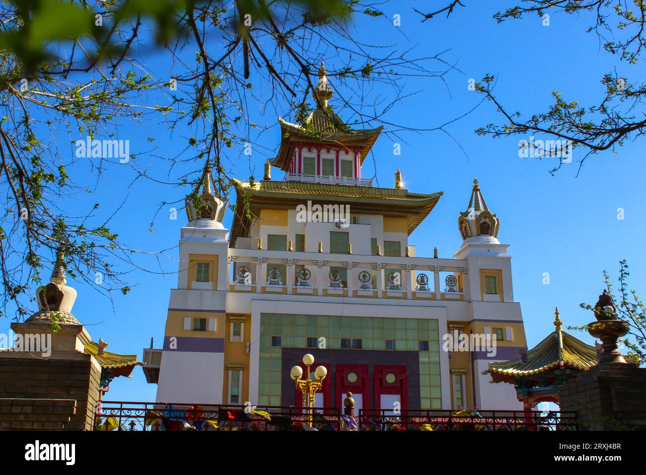 Buddhist temple in the city of Elista, Republic of Kalmykia. The golden abode of Shakyamuni Buddha. The largest temple in Europe. Close up view, copy Stock Photo