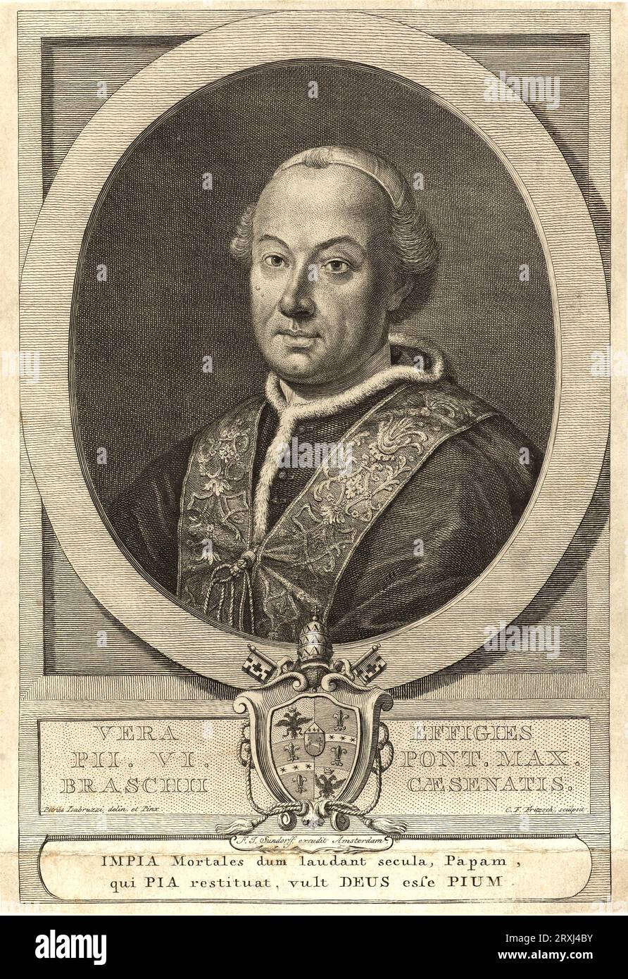 1775 ca , ROMA , ITALY :  The  Pope PIUS VI ( Papa PIO , 1717 - 1799 ), bor count Giovanni Angelo or Giannangelo BRASCHI .  Was the 250 th Pope of Catholic Church , elected the day 15 february 1775 . Son of count Marco Aurelio Tommaso Braschi e countess Anna Teresa Bandi . Pius VI condemned the French Revolution . French troops commanded by Napoleon Bonaparte defeated the papal army and occupied the Papal States in 1796 . In 1798, upon his refusal to renounce his temporal power, Pius was taken prisoner and transported to France . He died eighteen months later in Valence . Portrait by Christian Stock Photo