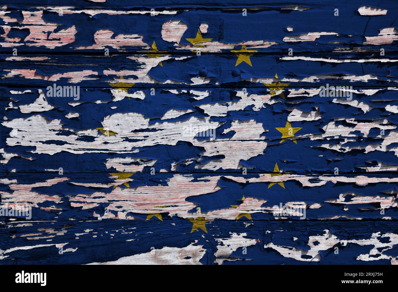 Flag of the European Union painted on a grunge wooden board. Stock Photo