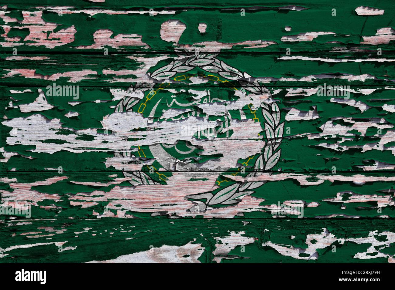 Flag of Arab League painted on a grunge wooden board. Stock Photo