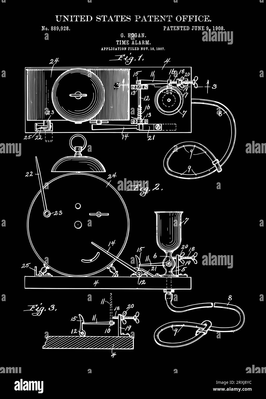 Vintage 1908 time alarm patent Stock Vector