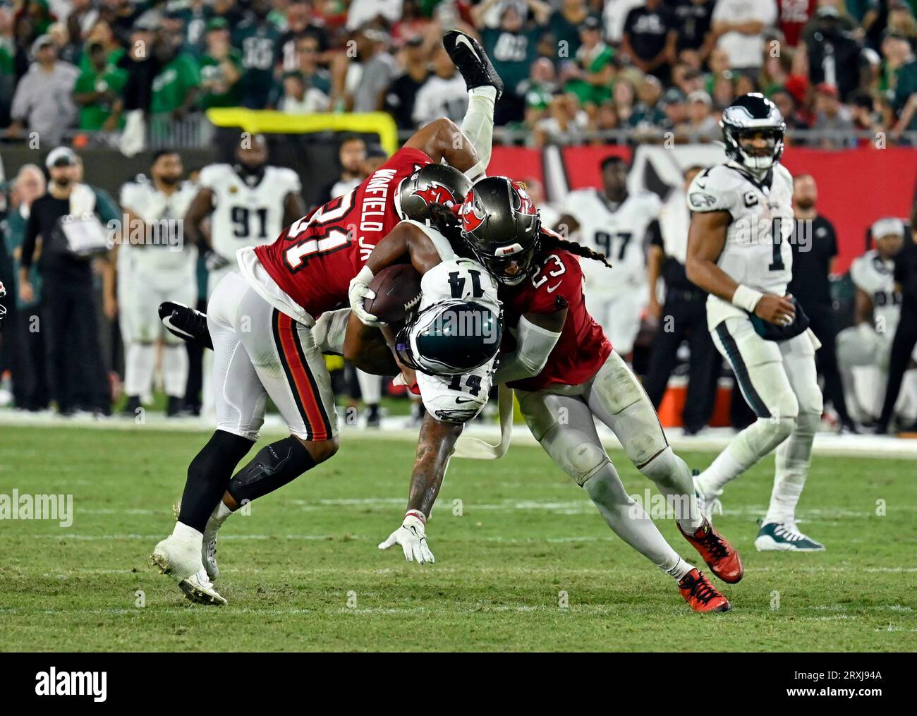 Tampa Bay Buccaneers safety Ryan Neal (23) in action during the first half  of an NFL football game against the Minnesota Vikings, Sunday, Sept. 9,  2023 in Minneapolis. (AP Photo/Stacy Bengs Stock