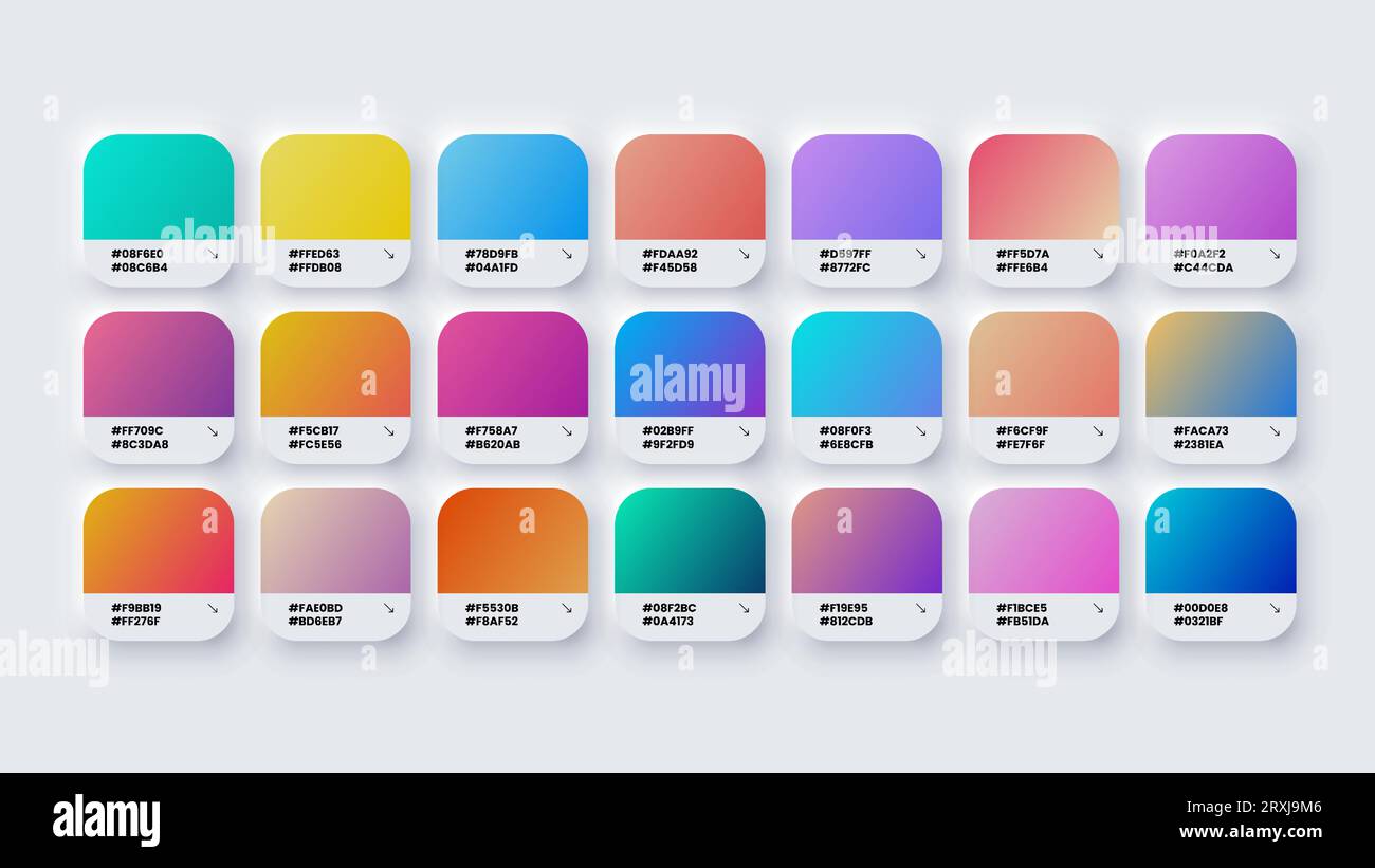 Color Palette, Gradient Colour Swatches in RGB, HEX Colors, Paint Palette, Bright Colours in HEX Codes Catalog, Colorful Tones Stock Vector