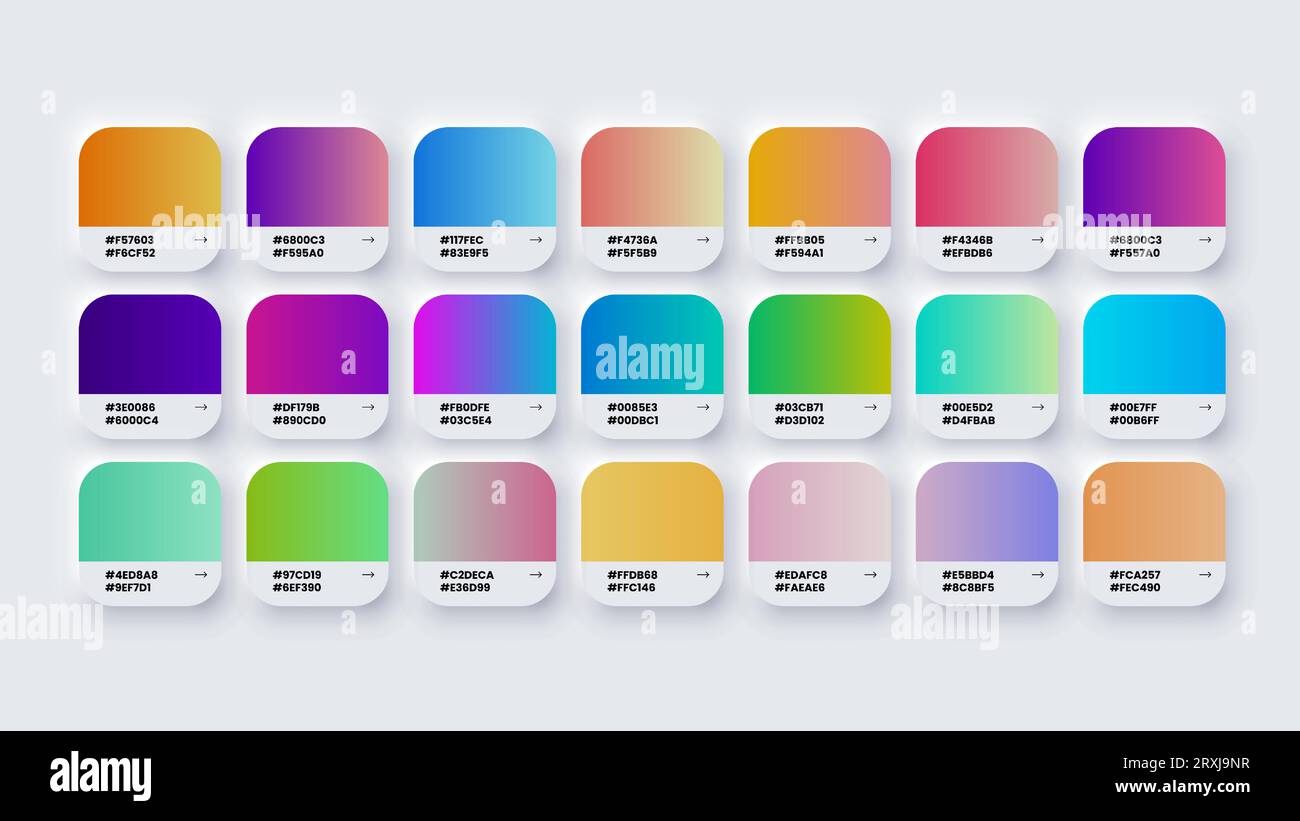 Color Palette, Gradient Colour Swatches in RGB, HEX Colors, Paint Palette, Bright Colours in HEX Codes Catalog, Colorful Tones Stock Vector