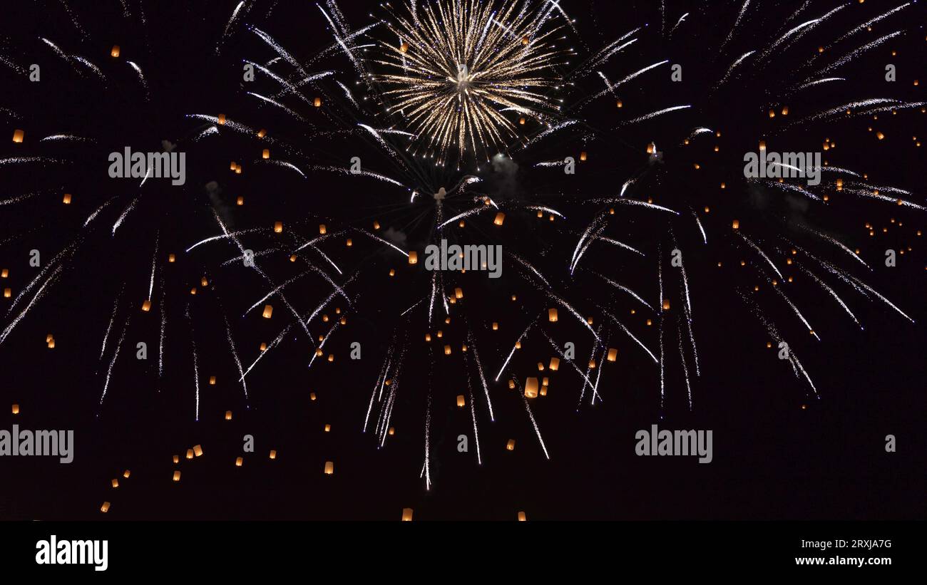 Fireworks and Sky lanterns in chinese new year festival Stock Photo Alamy
