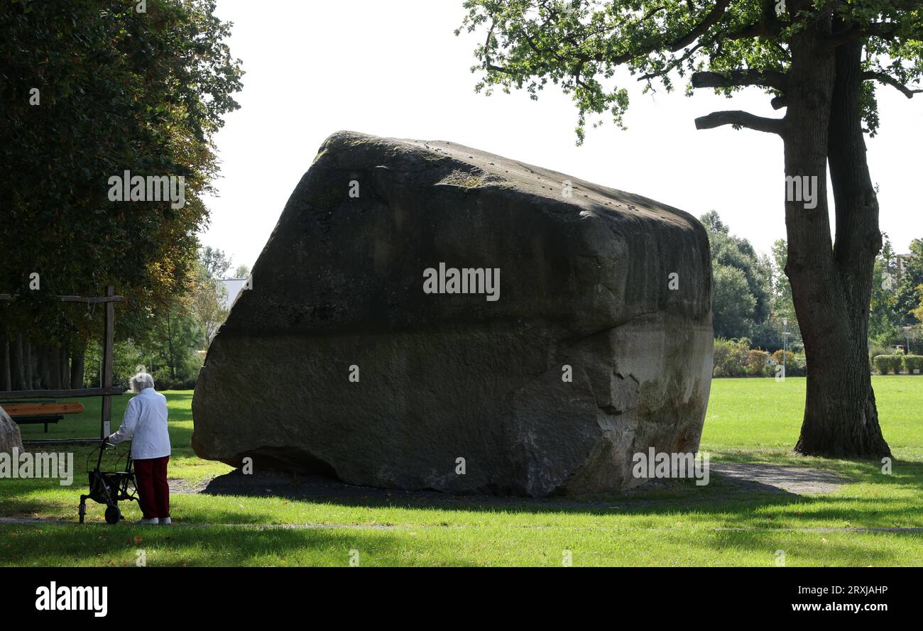Altentreptow, Germany. 25th Sep, 2023. The 'Big Stone', a huge boulder where often stayed the 13-year-old girl who died three months ago after consuming an ecstasy pill 'Blue Punisher'. She allegedly took the drug in mid-June. The girl had been brought to a clinic unconscious and died in late June. Three months after drug death, investigation still ongoing Credit: Bernd Wüstneck/dpa/Alamy Live News Stock Photo