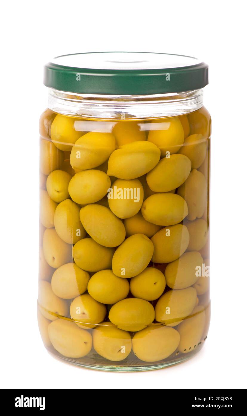 Green olives preserved in bank isolated on a white background Stock Photo Alamy