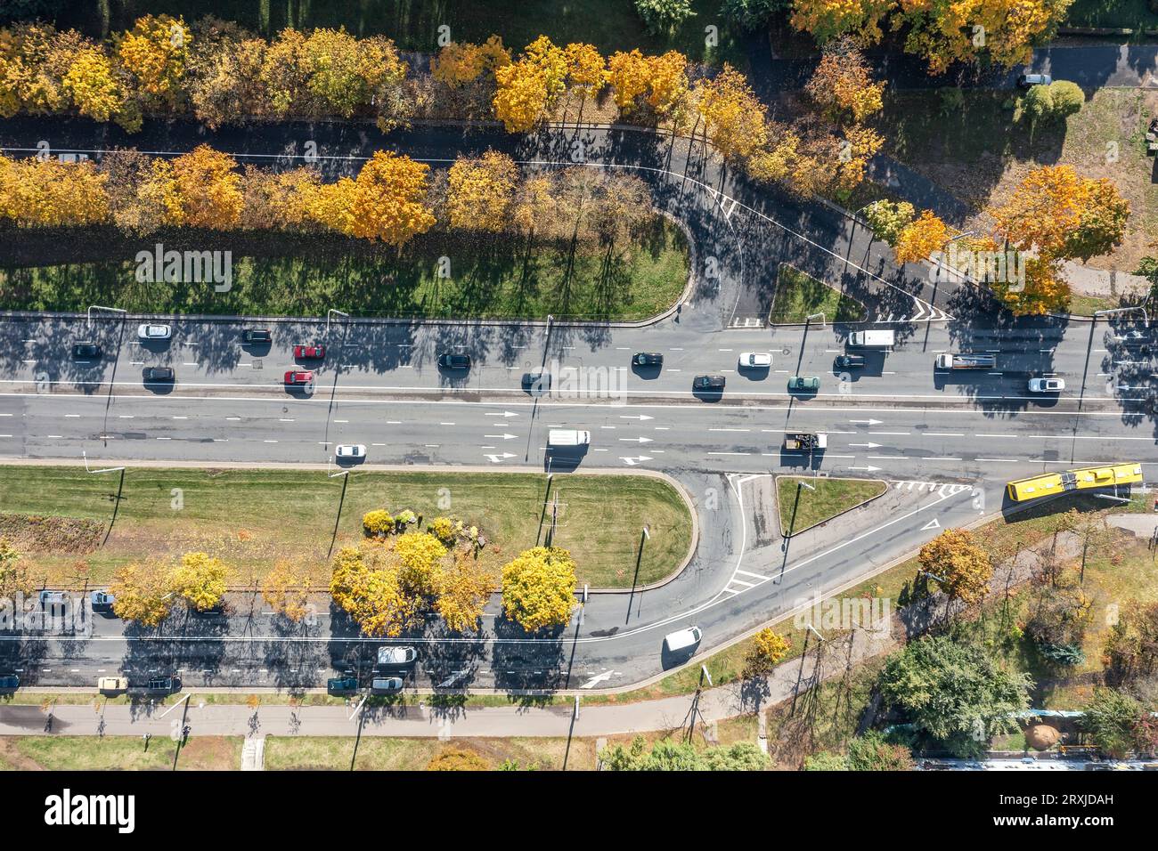 busy highway road intersection with car traffic. aerial overhead view. Stock Photo