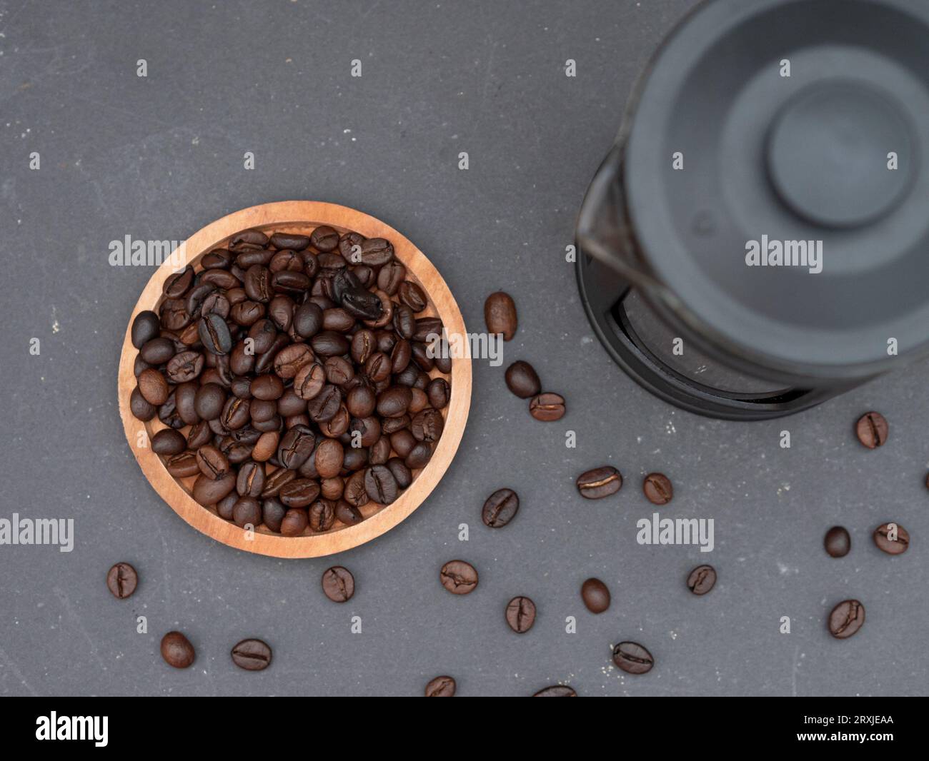 top view of french press coffee maker teapot and coffee beans Stock Photo Alamy