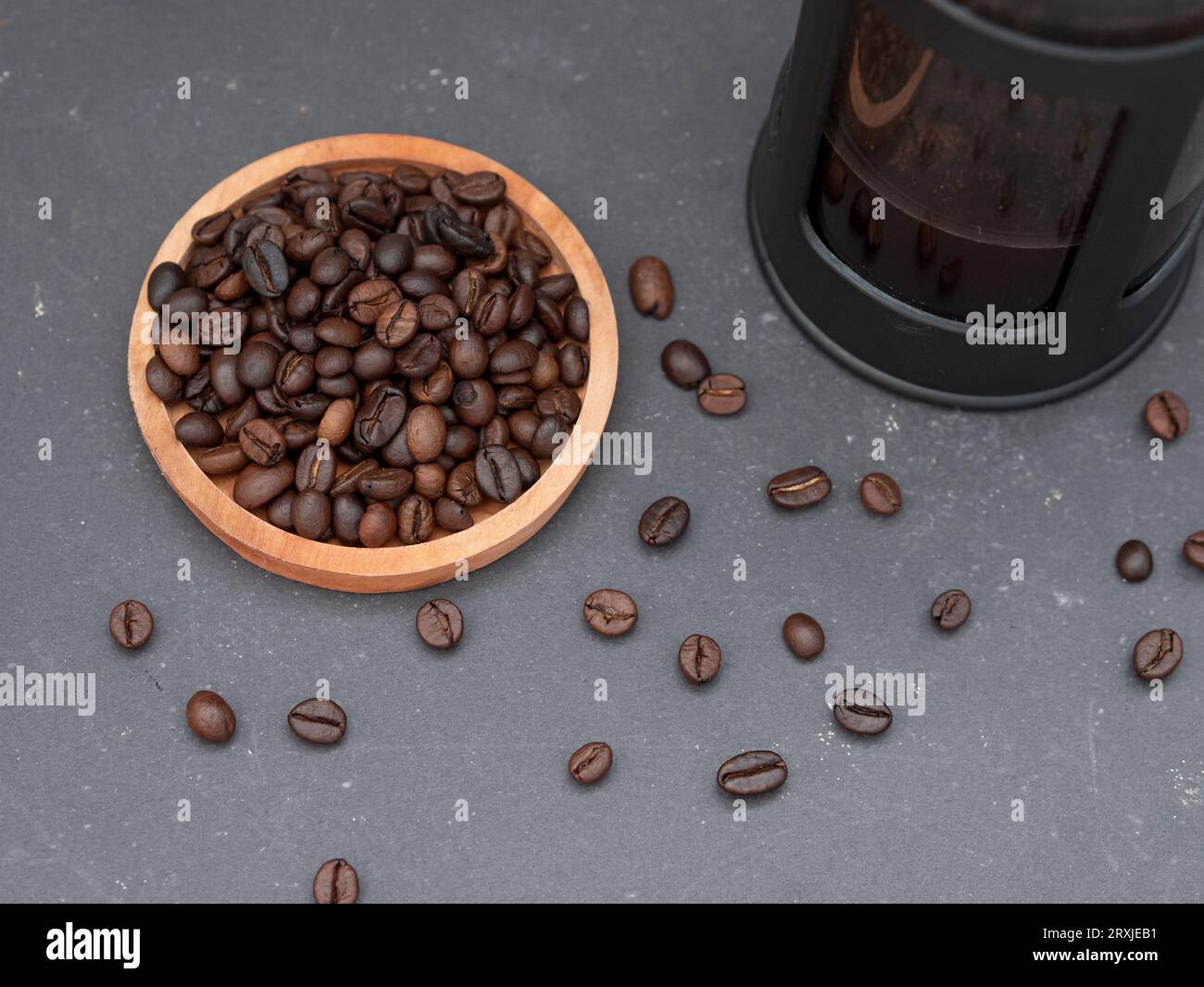 top view of french press coffee maker teapot and coffee beans Stock
