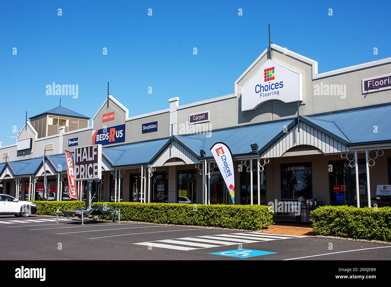 A row of retail  furniture shopa along Goonoo Goonoo road Tamworth Australia, Stock Photo