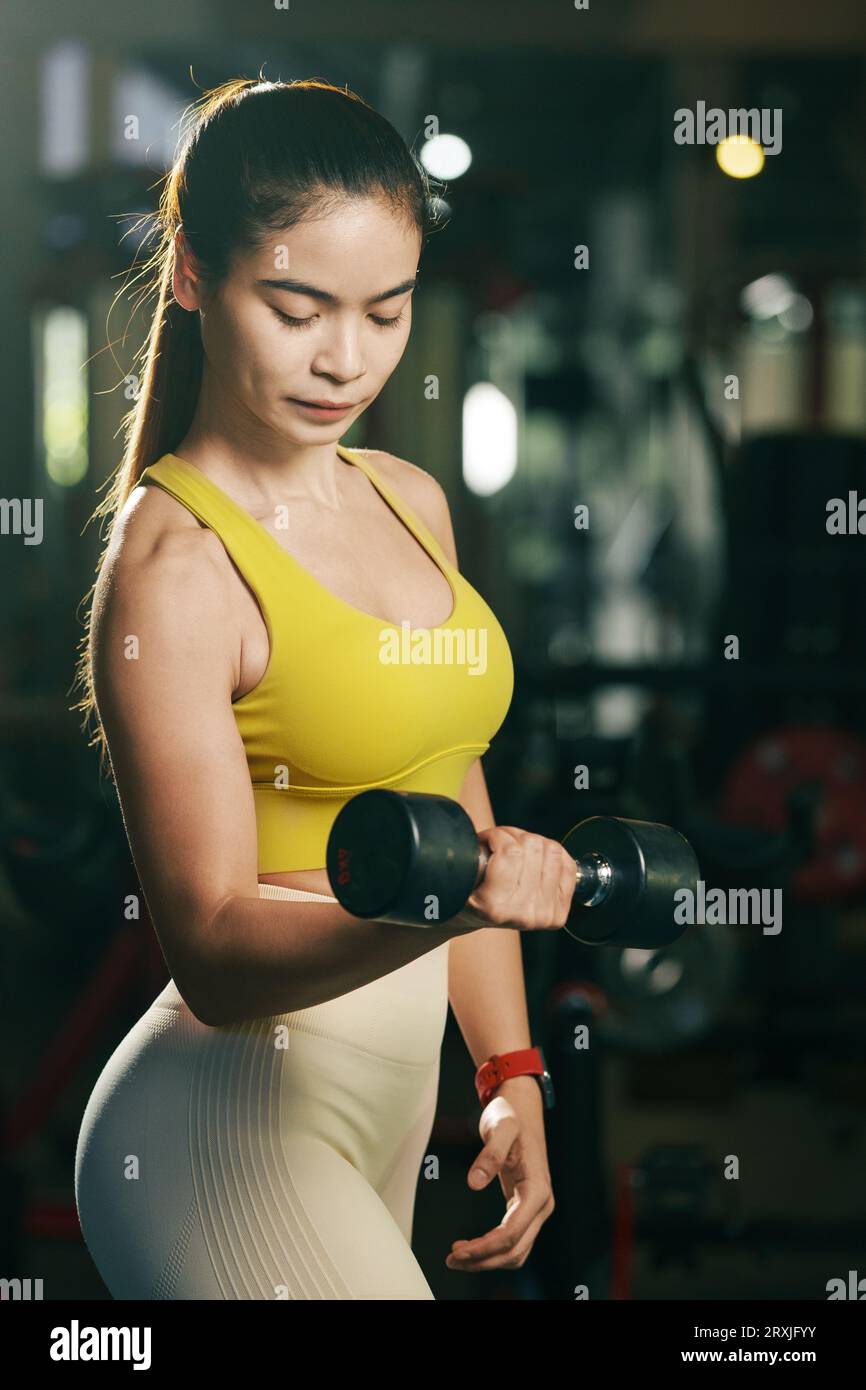 Young woman exercising with dumbbells at gym. Stock Photo
