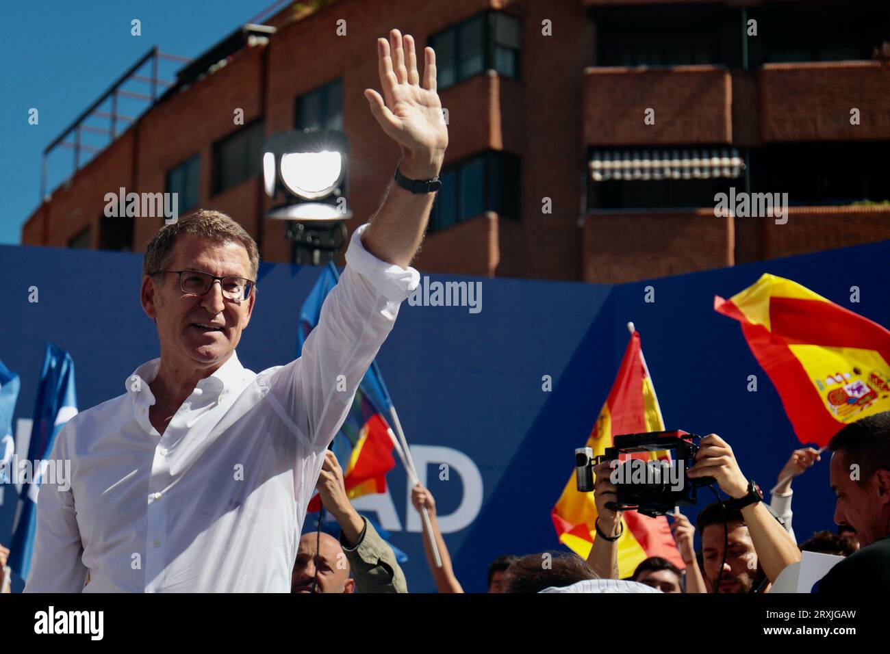 Madrid, Spain. 24th Sep, 2023. Popular Party presidential candidate Alberto Nuñez Feijoo attends a rally against a possible amnesty law for accused Catalan independence supporters in Madrid. Credit: Cesar Luis de Luca/dpa/Alamy Live News Stock Photo