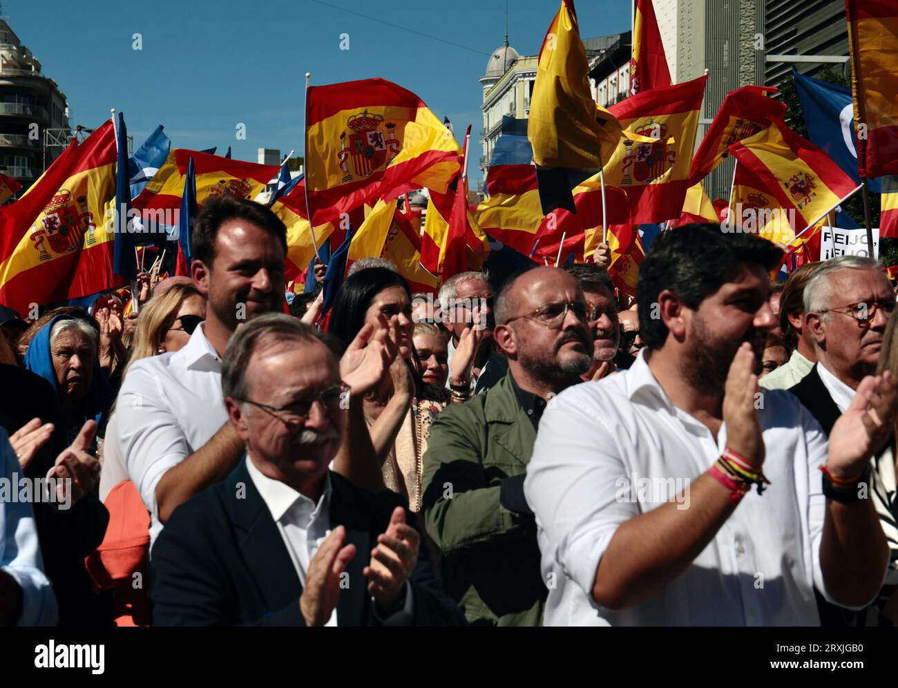 Madrid, Spain. 24th Sep, 2023. People take part in a rally against a possible amnesty law for accused Catalan independence supporters in Madrid. Credit: Cesar Luis de Luca/dpa/Alamy Live News Stock Photo