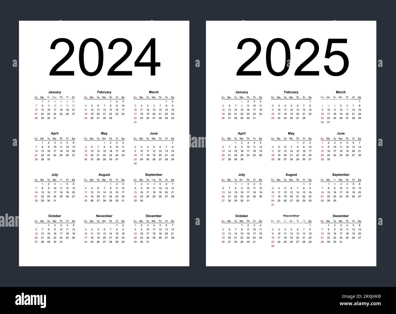 Simple editable vector calendars for year 2024, 2025. Week starts from Sunday. Vertical