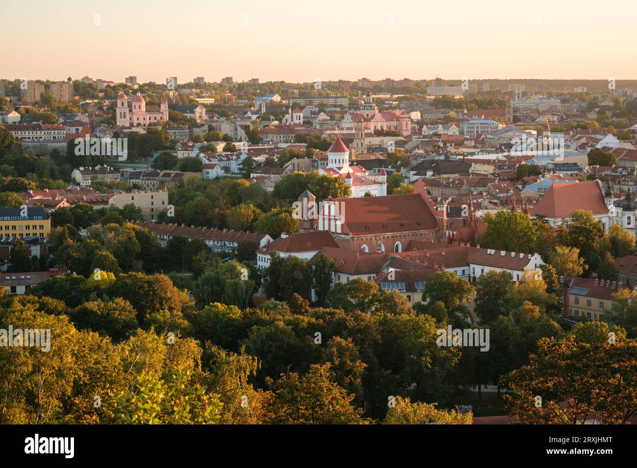 Sunset view of the Old Town from Three Crosses, in Vilnius, Lithuania Stock Photo