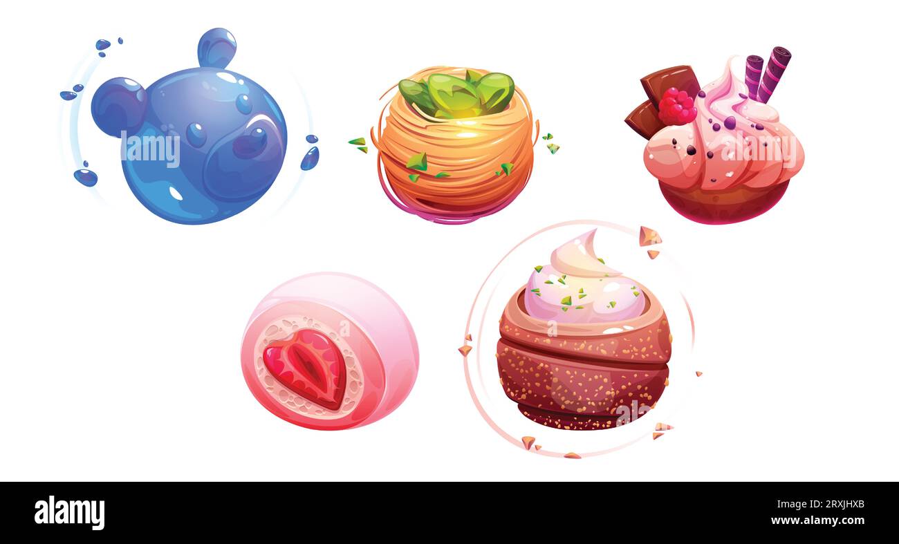 Fantasy space planets in form of sweet desserts. Cartoon game assets of candy and bakery spheres with jelly and chocolate. Sugary childish galaxy world elements confectionery and pastries ball. Stock Vector