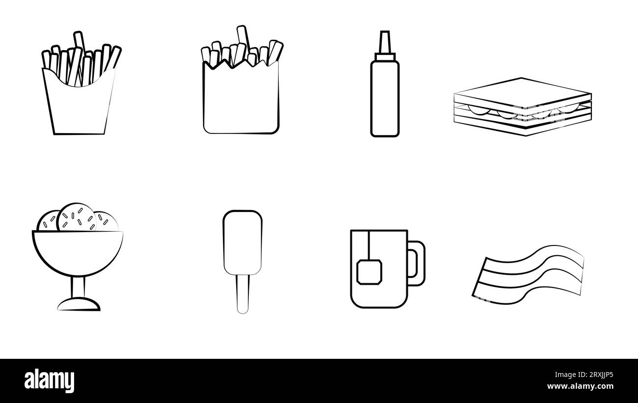 Black and white set of eight icons of delicious food and snacks items