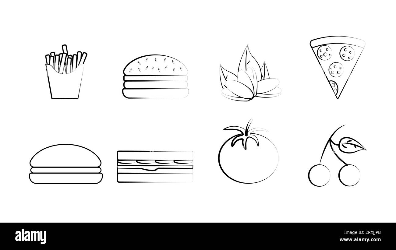 Black and white set of eight icons of delicious food and snacks items