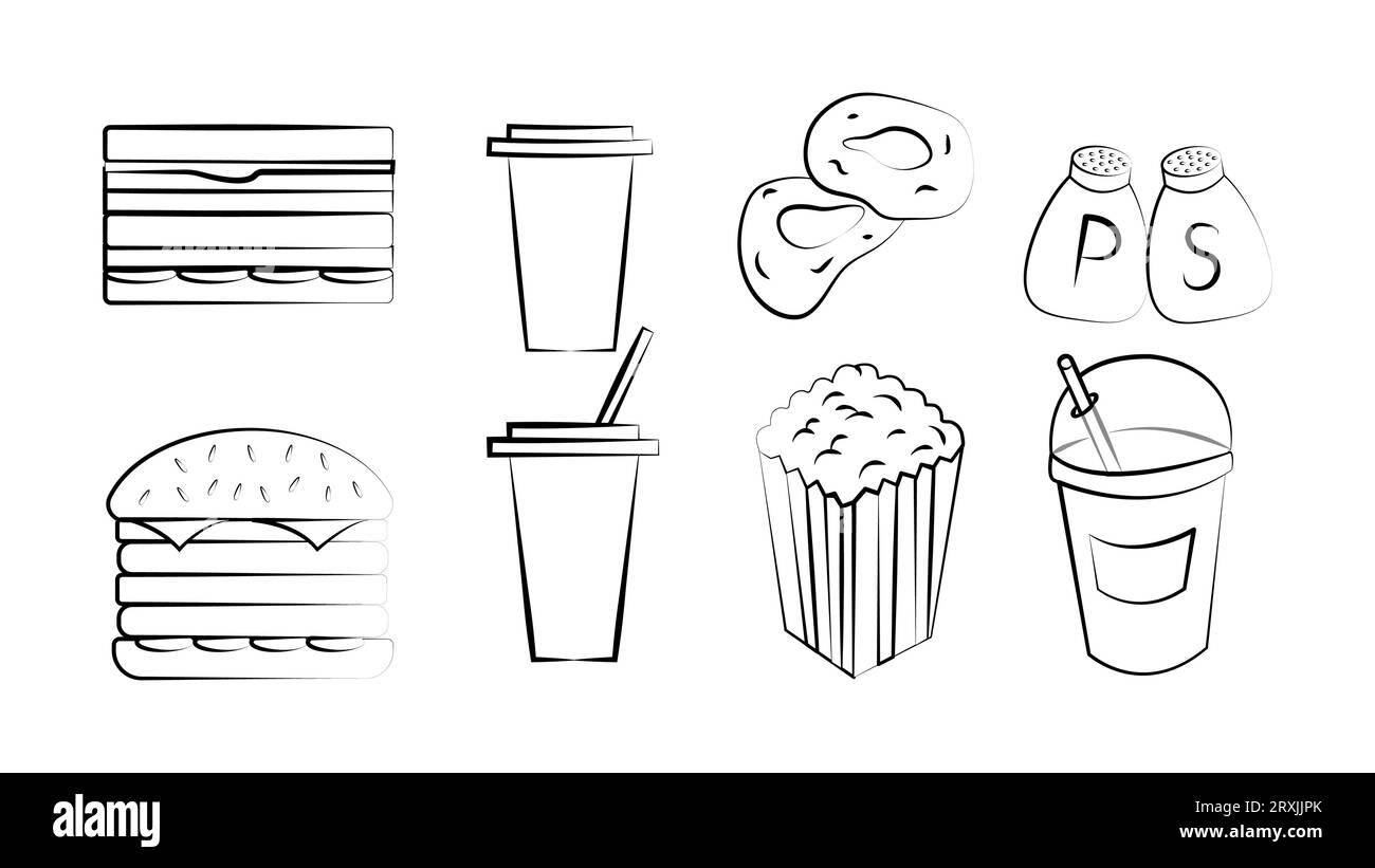 Black and white set of eight icons of delicious food and snacks items for a restaurant bar cafe