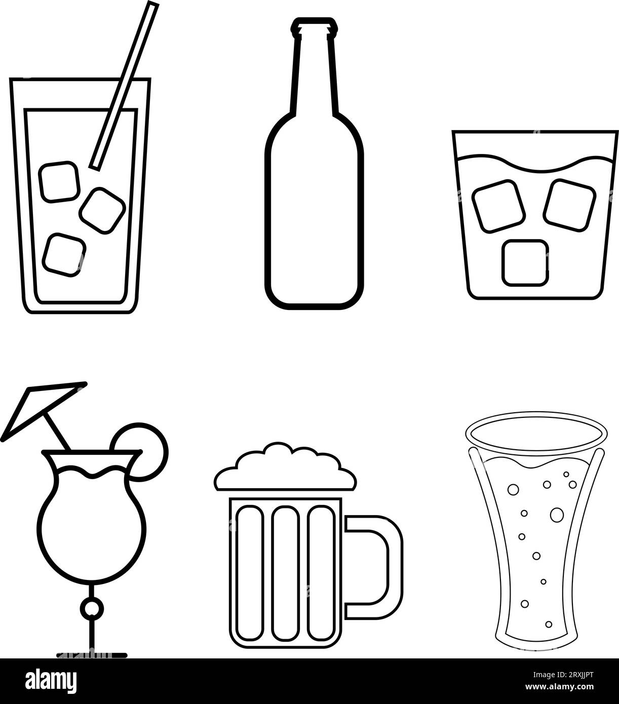 A set of simple black and white icons of alcoholic beverages for a bar, cafe: cocktails, glasses, beer, bottles, whiskey on a white background. Vector Stock Vector