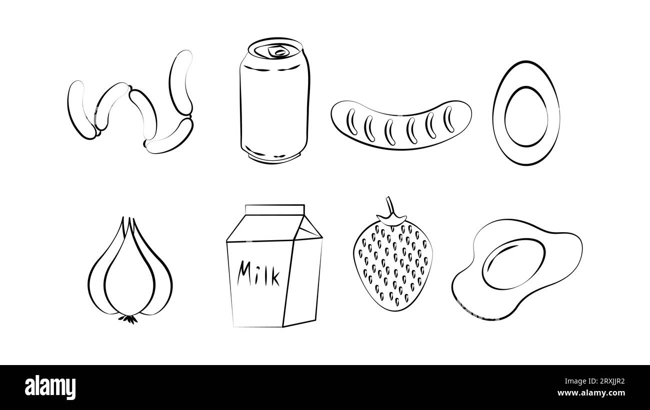 Black and white set of eight icons of delicious food and snacks items for a cafe bar restaurant on a white background: sausages, soda, sausage, egg, g Stock Vector