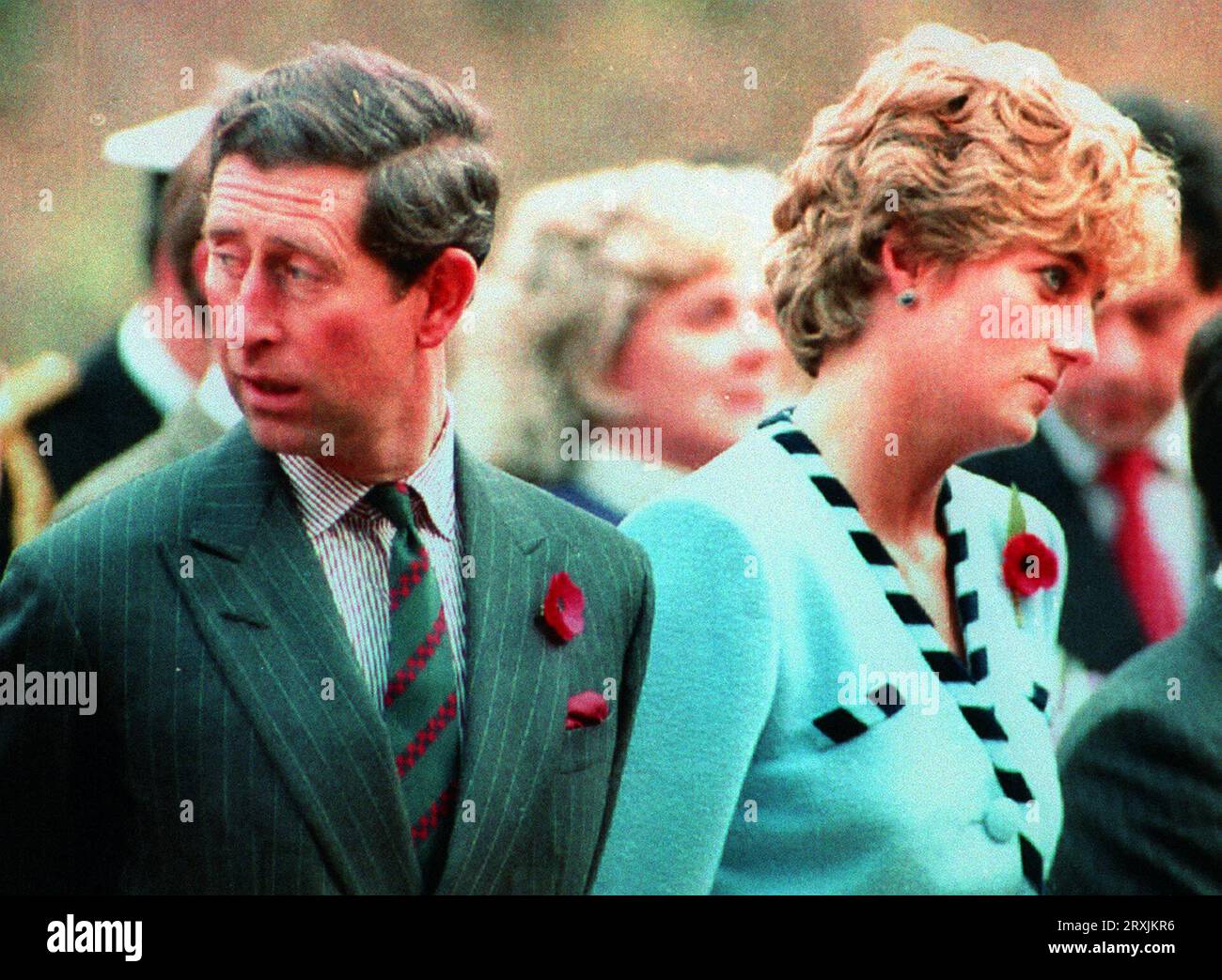 File photo dated 03/11/92 of The Prince and Princess of Wales standing at the memorial outside Seoul, South Korea, to the Gloucester Regiment, who fought with distinction in 1951 during the the Korean War. Issue date: Tuesday September 26, 2023. Stock Photo