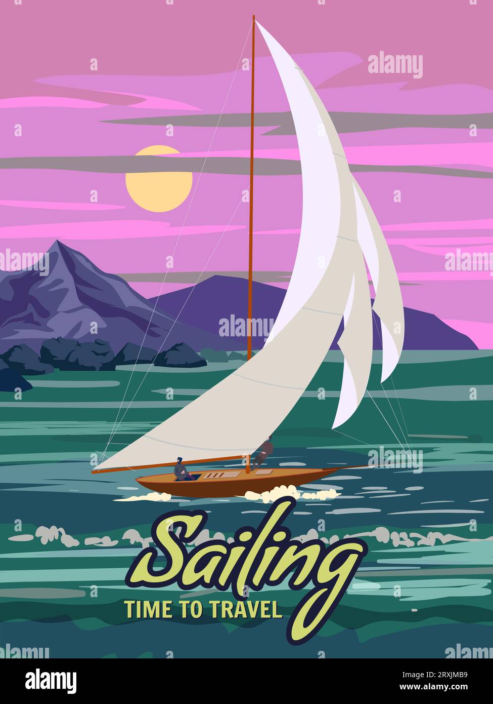 Sailing Time to Travel poster retro, sailing ship on the ocean, sea