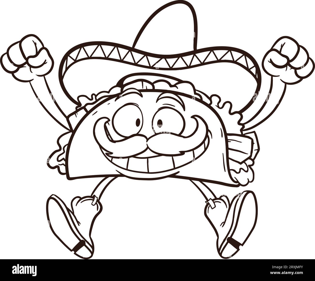 Happy cartoon taco with Mexican sombrero coloring page Stock Photo